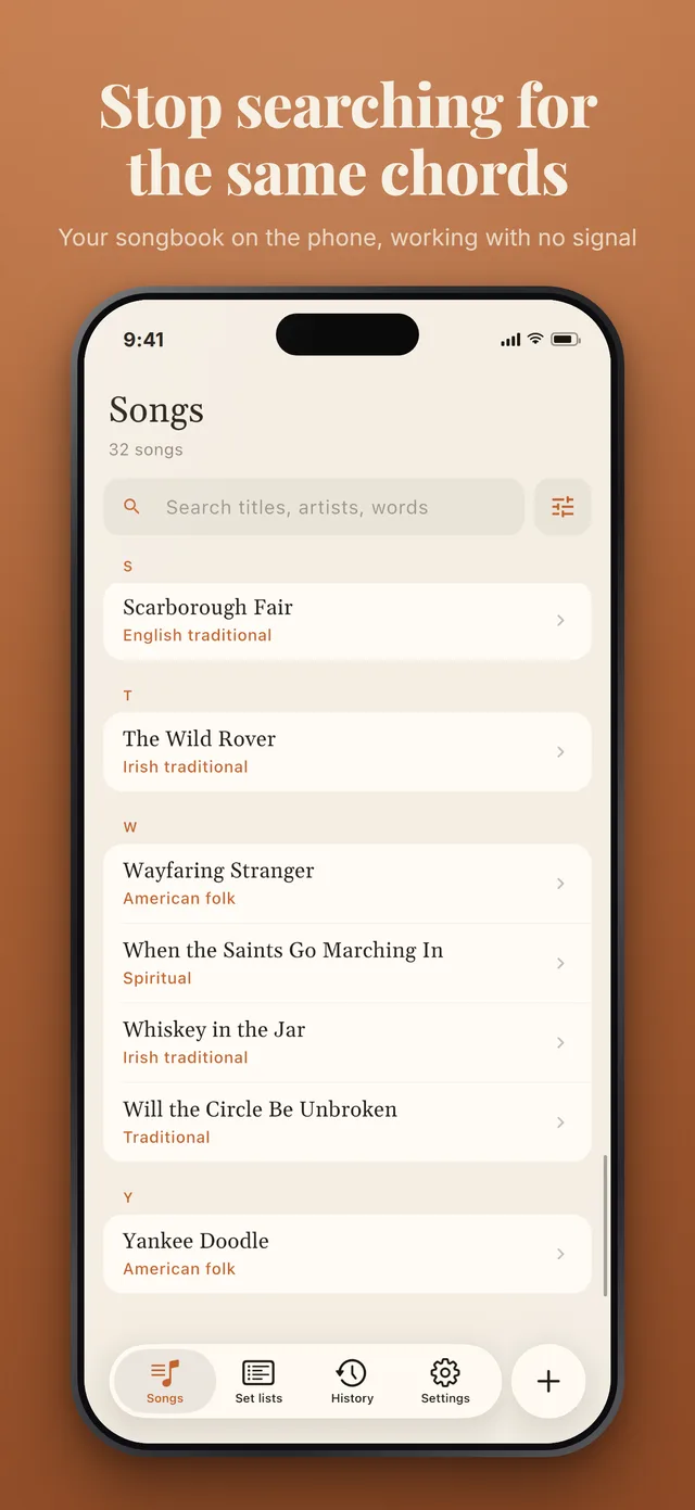 Stop searching for the same chords: the song list, grouped by letter, with search.