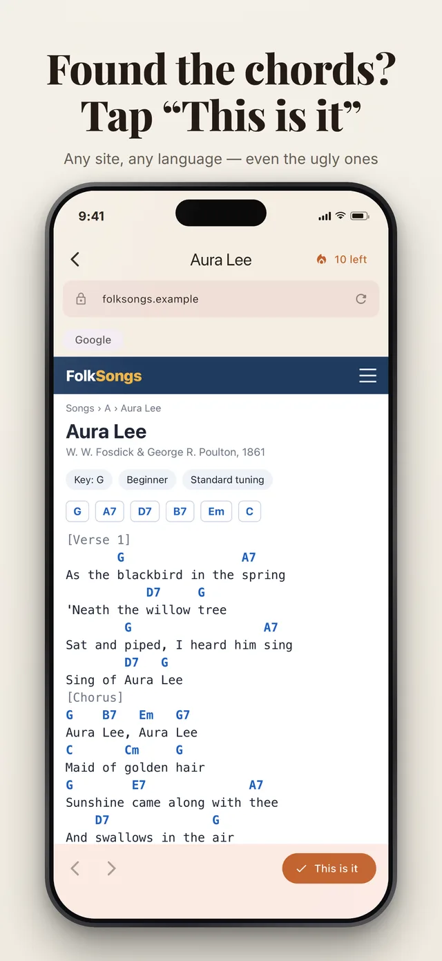Found the chords? Tap This is it: a chord page open in the in-app browser.