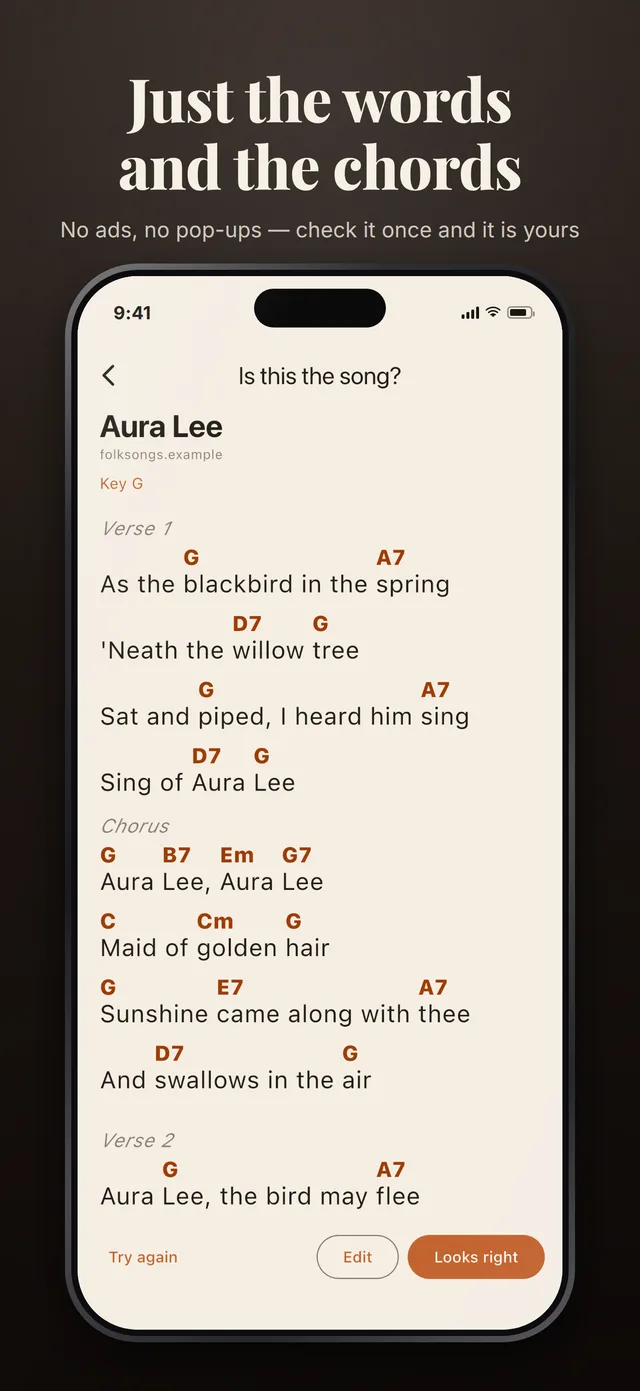 Just the words and the chords: the imported song, ready to keep.