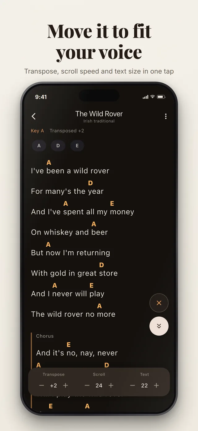 Move it to fit your voice: The Wild Rover transposed up two, with transpose, scroll speed and text size.