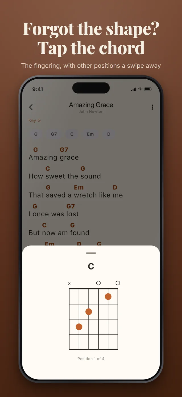 Forgot the shape? Tap the chord: the fingering diagram for C under Amazing Grace.