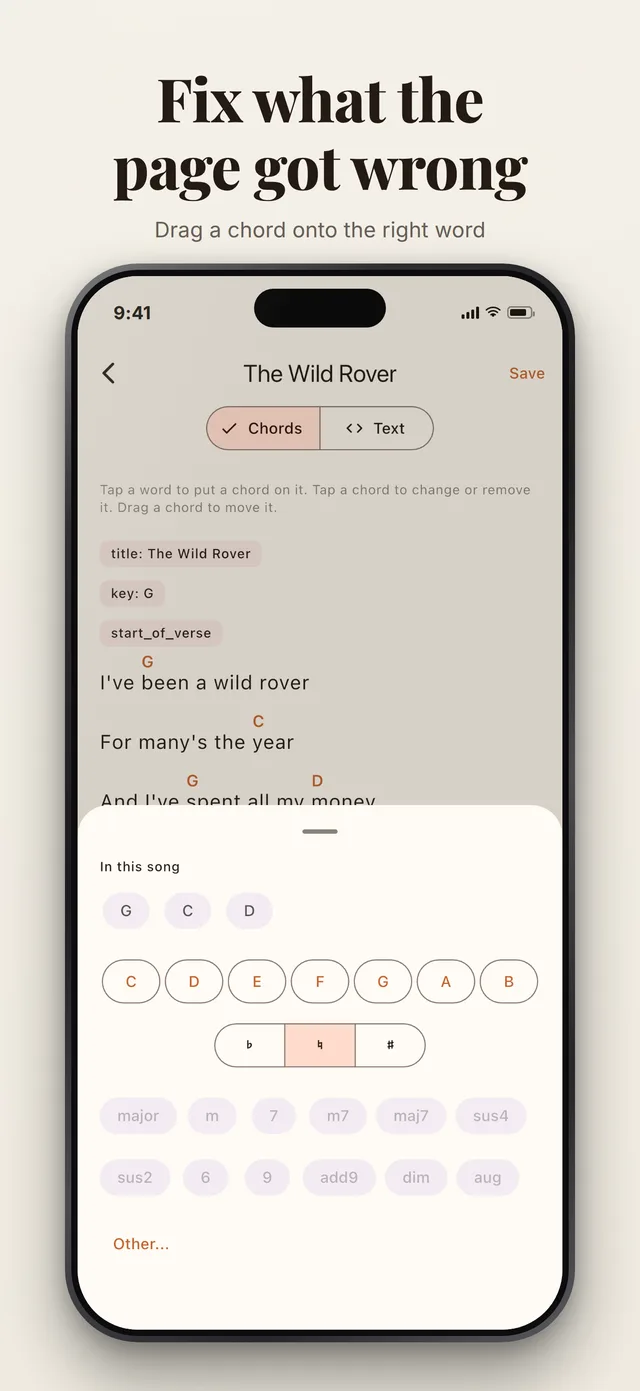 Fix what the page got wrong: the chord editor with the chord picker open.