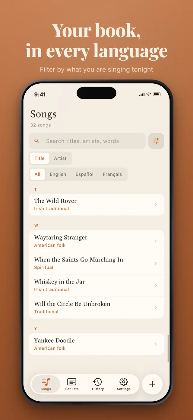 Your book, in every language: the song list filtered by English, Spanish or French.