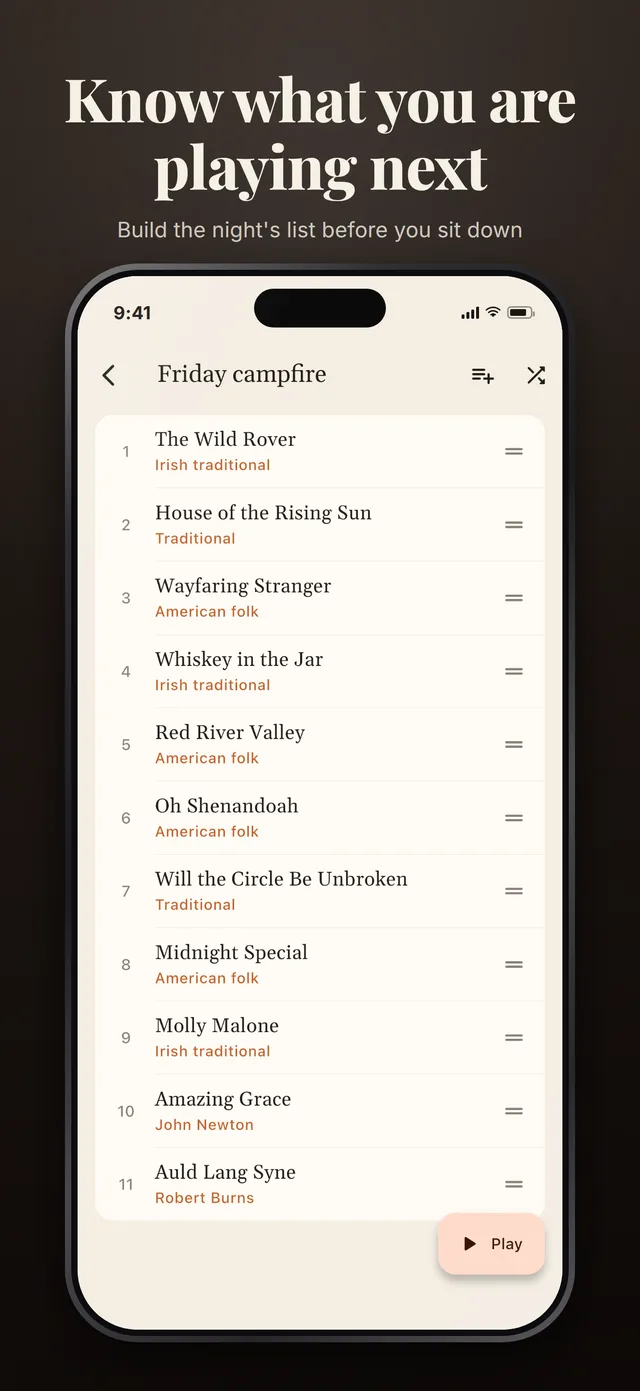 Know what you are playing next: the Friday campfire set list, in order, with a Play button.